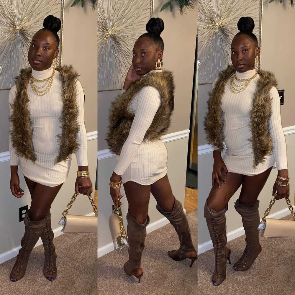 Cream Ribbed Dress with Faux Fur Vest with Gladiator Heels